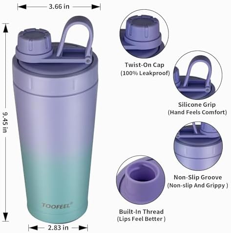 TOOFEEL Insulated Protein Shaker Bottle - 20 oz Double Walled Vacuum Metal, Keeps Cold/Hot, BPA Free Leakproof - Image 4