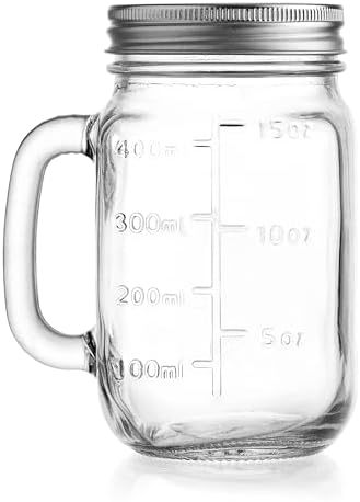 Mason Jar 16 Oz. Glass Mugs with Handle and Lid Set Of 6 Old Fashioned Drinking Glass Bottles Original Mason Jar Pint Sized Cup Set.