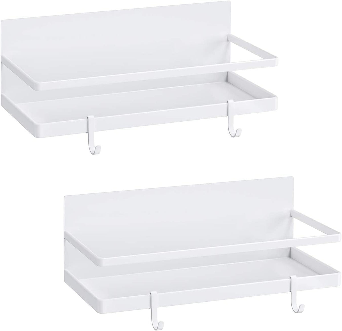 Magnetic Spice Rack, Strong Magnetic Shelf with 4 Removable Hooks, Perfect Space Saver for Small Kitchen/ Apartment, Awesome Metal Cabinet for Holding Spices, Jars, Bottle(White, 2Pack)