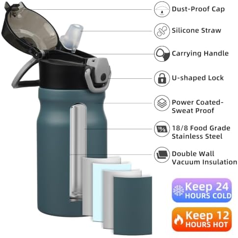BJPKPK 14 oz Insulated Water Bottle, Straw, Handle, Stainless Steel Flask - Image 2