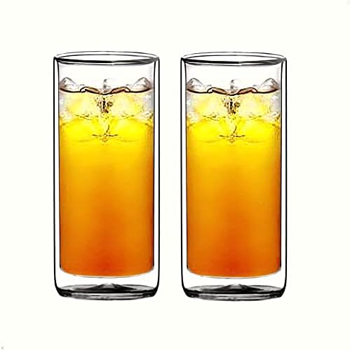 Double Wall Insulated Glass Tumbler, 16oz (450ml) Highball Glass Cups for Beer, Lemonade, Iced Tea, Tropical Drink, Cocktail, Smoothie, Mojito and Mixed Drinks, Set of 2 - Collins Style