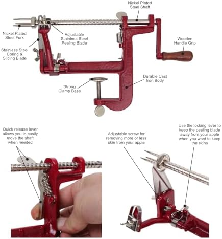Heavy Duty Cast Iron Peeler with Stainless Steel Corer Slicer and Peeler Blades and a Strong Clamp Base, Apple Pie or Apple Crisp Maker