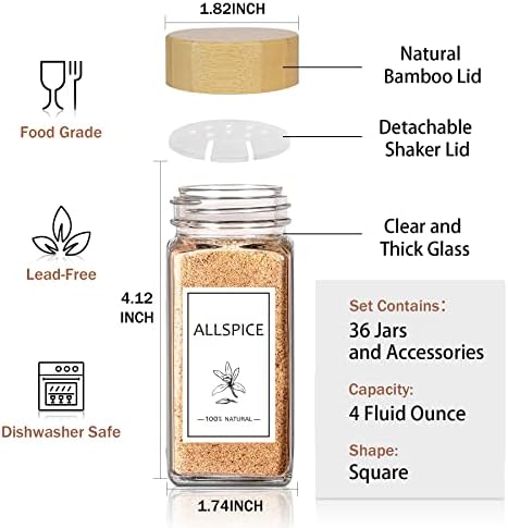 Spice Jars with Labels 36 Pcs 4 oz Glass Bamboo Lids Shaker Set