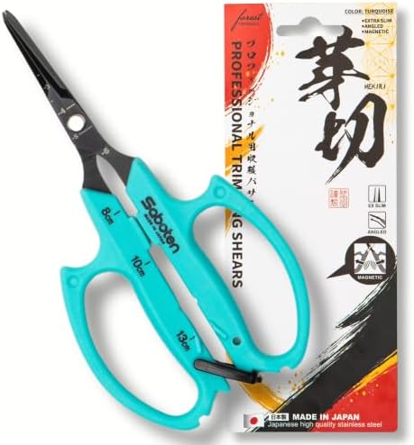 Saboten Japanese Harvesting Shears, Magnetic Springless, Fine-Tip Angled Blade, Fluorine-Coated Steel, Non-Slip Grip, Safety Lock, Made in Japan (Turquoise)