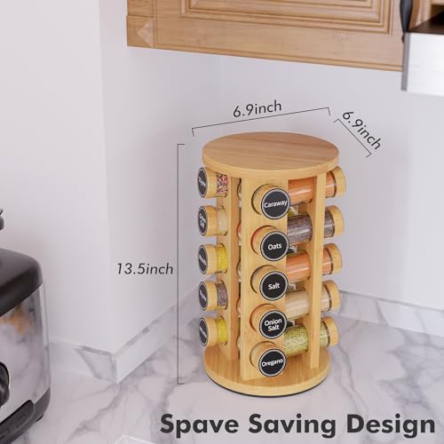 Revolving Spice Rack Set with 20 Spice Jars, Kitchen Spice Tower Organizer for Countertop or Cabinet - Carousel Storage Includes 386 Spice Labels (Bamboo)