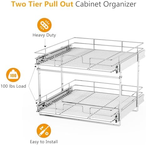 Slide Out Cabinet Organizer for Kitchen, 2 Tier Pull Out Shelves Sliding Cabinet Organizer and Storage, Chrome (16.5" W x 20.5" D)