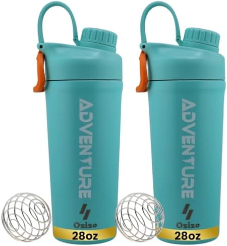 Ozizo 2 Pack Stainless Steel Insulated Protein Shaker Bottle for Protein Mixes, 28oz, Blue, Leak Proof with Wire Whisk Ball by Ozizo