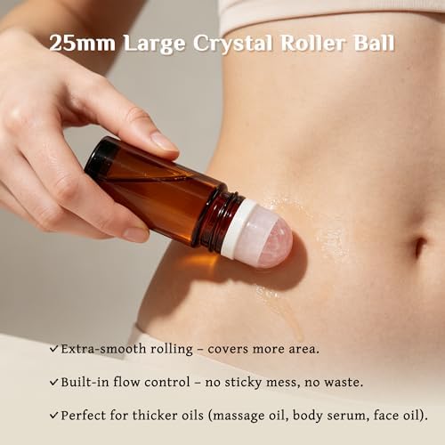 PrettyCare Rose Quartz Roller Bottles for Essential Oils, 50ml Roll On Bottles with Natural Crystal Roller Ball Applicator, Refillable Amber Glass Perfume Bottle (2 Pack, Pink Roller) - Image 5