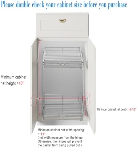 2 Tier Pull Out Cabinet Organizer (11" W x 18" D) Heavy-Duty Metal Sliding Drawer Shelf, Two Tier Pull Out Shelves for Kitchen Cabinets, Pantry, Bathroom, Chrome Finish