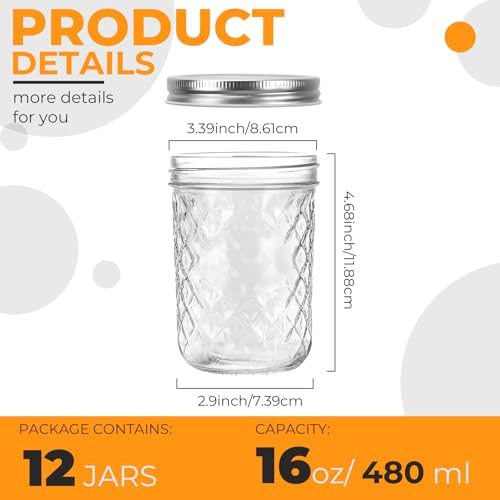 12 Pack16oz Wide Mouth Glass Mason Jars, Canning Jars with Airtight Lids