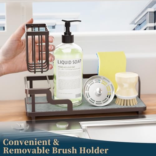 Sponge Holder for Kitchen Sink - Sink Caddy Organizer with Water Absorbing Stone Tray, Detachable Brush Holder, Stainless Steel Kitchen Counter Organizer Rack, Bronze