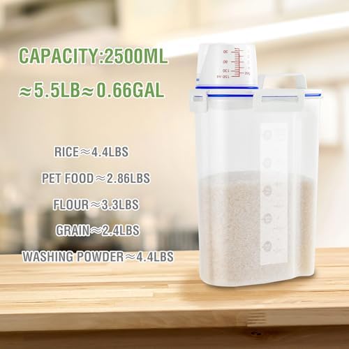 2 Pcs 5.5Lbs Rice Storage Container, Rice Container with Measuring Cup & Pour Spout, Kitchen Plastic Airtight Container for Cereal, Grain, Flour, Sugar, Oatmeal, Dry Pet Dog Food
