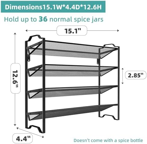 2 Pack 4 Tier Spice Rack Organizer, Stackable Kitchen Counter Shelves, for Cabinet, Countertop, Pantry, Door or Wall Mount, Metal Mesh, Jars not Included, Black