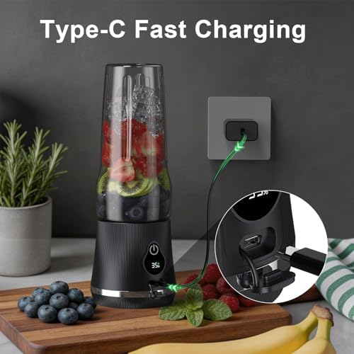 Portable Blender for Smoothies & Shakes, 17oz Personal Blender with 6 Stainless Steel Blades, USB-C Rechargeable, LED Display, Compact Travel Juicer with Extra Lid for Gym, Office & On-the-Go, Black - Image 5
