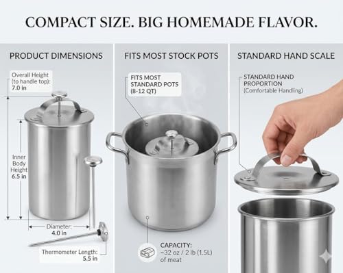 Ham Maker Meat Press with Thermometer - 304 Stainless Steel Deli Meat Maker for Homemade Healthy Lunch Meat - Professional Spring-Loaded Meat Cooker Machine for Chicken, Pork, Beef & Seafood - Image 2