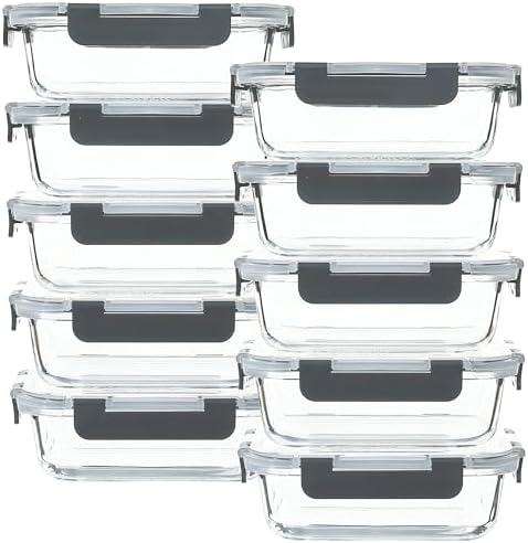 Glass Meal Prep Containers 10 Pack 22Oz with Airtight Lids Grey