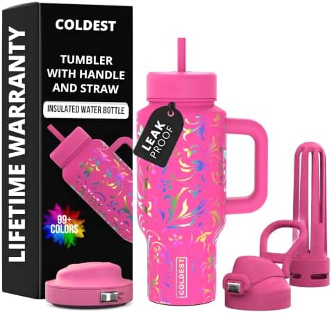 Coldest Tumbler with Handle & Coffee Lid - 100% Spill Proof Tumbler (3 Lids) - Stainless Steel Insulated Leakproof Tumblers for Women & Men - Cup Holder Friendly - 24 oz (Pink Moonlight Floral) by Coldest