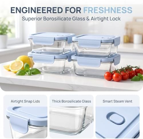Glass Meal Prep Containers with Lids, 4 Pack 22oz, Borosilicate Glass Food Storage Containers, Leakproof Locking Lids, Microwave, Oven & Freezer Safe