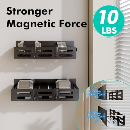 4 Pack Magnetic Spice Rack for Refrigerator with 4-Hook Rack and Paper Towel Holder, Black Magnetic Shelf and Fridge Kitchen Cabinet Organizers Storage Seasoning Organization Mini Shelves.