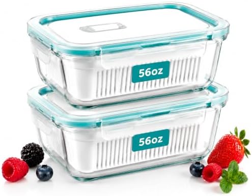 2 Pack 56oz Glass Berry Container for Fridge,with Removable Colander and Vent Valve,Fresh Fruit and Vegetable Storage Set