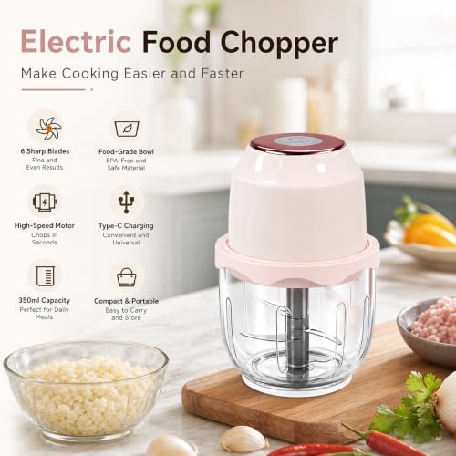 350ML Electric Garlic Meat Grinder, Wireless USB Rechargeable Food Chopper, 6-Blade High-Speed Chopper, Mini Convenient Kitchen Mixer for Garlic and Meat (Pink) - Image 4
