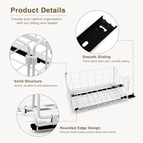 Pull Out Cabinet Sliding Basket Organizer, No Drill, White-2 Pack