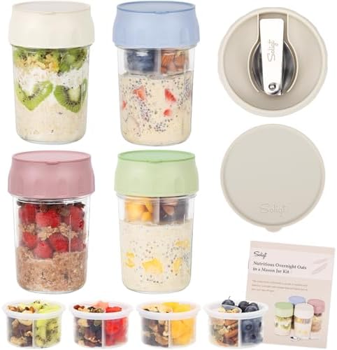 4 Pack Overnight Oats Containers with Lids, Folding Spoons and Divided Compartments for Fruit & Nuts, Small Glass 16oz Mason Jars for Oatmeal (4 Set-Oat White/Green/Rose/Blue)