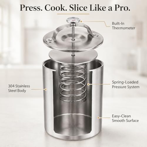 304 Stainless Steel Ham Press Maker with Thermometer Stainless Steel Burger Press-for Homemade Healthy Lunch Meat - Professional Spring-Loaded Meat Cooker Machine for Chicken, Pork, Beef & Seafood - Image 6