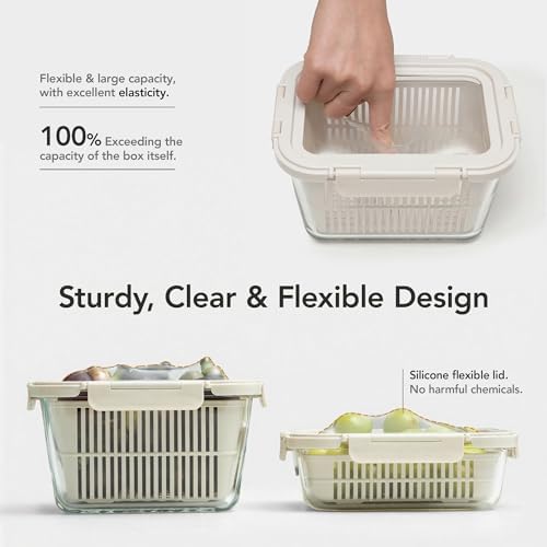 Glass Produce Storage Containers for Fridge, 2-Set – Airtight Fruit & Vegetable Containers with Removable Colanders, Flexible Silicone Lids,LeakProof, BPA-Free Borosilicate Glass