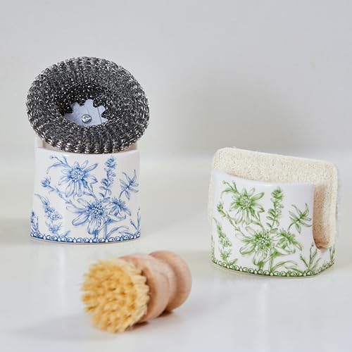 Green Garden Toile De Jouy Ceramic Kitchen Sponge Holder for Countertop Sink, Sponge Caddy, Decorative Dish Sponge and Scrubber Rack