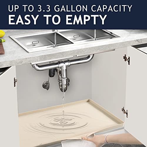 Heavy Duty Silicone Under Sink Mat for Kitchen Waterproof 34" x 22", Extra Thick Rubber Mat Drip Tray, Raised Edge Under Sink Liner, Prevent Drips, Leaks, Spills, Beige