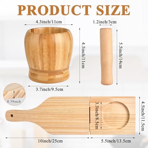 2 Kitchen Tools Including Mortar and Pestle Set and Wood Tostonera Plantain Press, Natural Plantain Smasher for Fried Banana Pepper Spices Garlic Press Grinder Chopper Crusher