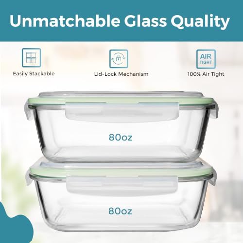 10 Cups/ 80 Oz 4 Pc (Set of 2) Glass Food Storage Containers with Airtight Locking Lids-For Storing & Serving Food. BPA Free & Leak Proof - Microwave, Dishwasher, Fridge, Freezer and Oven Safe