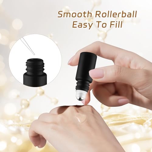 20 Pack 5ml Black Frosted Glass Roller Bottles with Wood Grain Caps Roll-On Containers for Aromatherapy and Perfume - Image 4