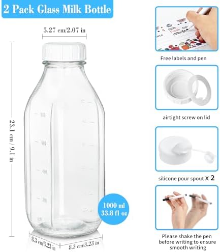 2 Pack 32 Oz Glass Milk Bottles with Airtight Lids & 2 Caps