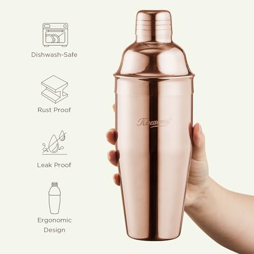 Cocktail Shaker Set, Stainless Steel Bartending Kit with 25 Ounce Cocktail Shaker with Built in Drink Strainer, Measuring Jigger, Mixing Spoon & Drink Recipe Guide, Rose Gold