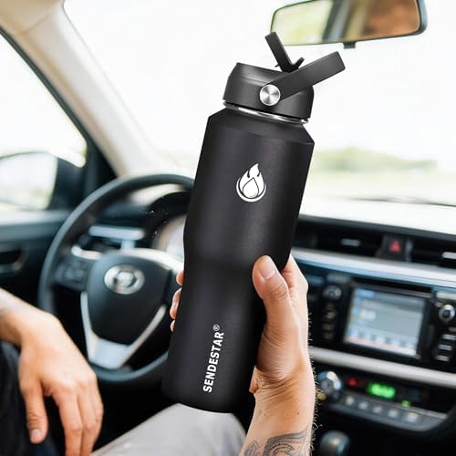 Water Bottle 32oz,2 Lids(Straw lid),Wide Mouth Stainless Steel Vacuum Insulated Double Wall Keep Liquids Cold or Hot All Day,Sweat Proof Sport Design,Fit Car Cup Holder(Black)
