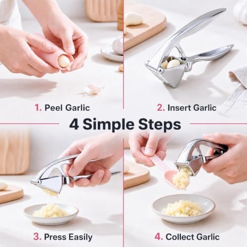 Premium Garlic Press Set with Silicone Peeler & Cleaning Brush