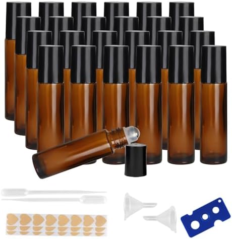 24 pcs 10ml Amber Glass Roller Bottles with Steel Balls and Black Caps by Unknown