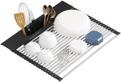 Roll Up Dish Drying Rack Over Sink, 17.5" x 15.2" Foldable SUS304 Stainless Steel Kitchen Dish Drainer, Heat-Resistant Multipurpose Rolling Sink Rack Organizer,Black