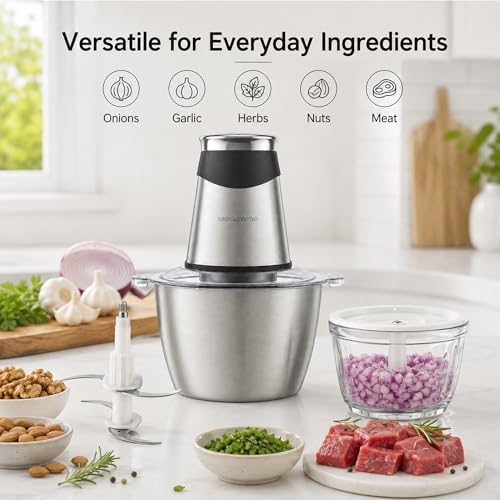 Food Processor, 800W Electric Meat Grinder with 0.6L Glass Bowl & 1.2L Stainless Steel Bowl, Dual Speed Modes and Bi-Level BladesBlades for Meat, Vegetables, Nuts, Fruits, and Baby Food