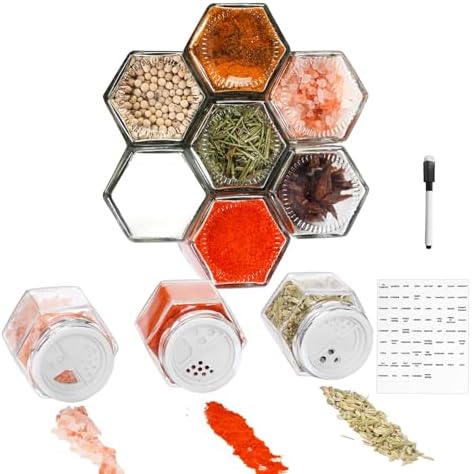 Set of 10 Magnetic Spice Jars for Refrigerator, Glass Small Hexagon Magnet Seasoning Containers with Labels, Shaker Lids, Fridge Magnetic Spice Rack Organizer with Jars