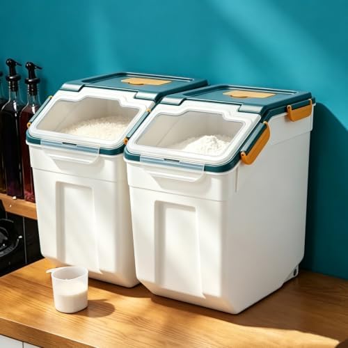 2 Pack Large Flour Storage Container 25 lb, Airtight Food Storage Bins with Wheels & Locking Lid, BPA Free Rice Grain Organizer with Measuring Cup, Flour Bin for Kitchen Pantry (Blue)