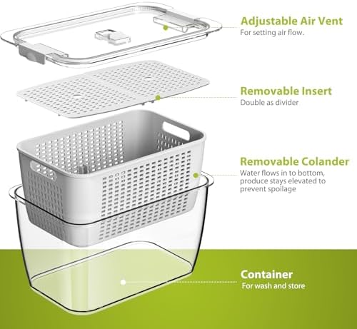 4 Pack Fruit Vegetable Containers for Fridge, Produce Saver Container with Lids &Removable Colander BPA-free Refrigerator Storage Organizer for Fruit Vegetable, Berry, Meat keep Fresh Longer
