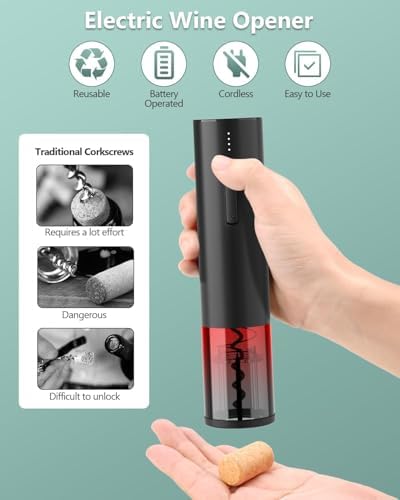Electric Wine Opener Gift Set – Rechargeable Automatic Corkscrew with Aerator, Vacuum Seal Stoppers, Foil Cutter & Storage Base – 6-in-1 Wine Bottle Opener Kit for Wine Lovers, Women & Men