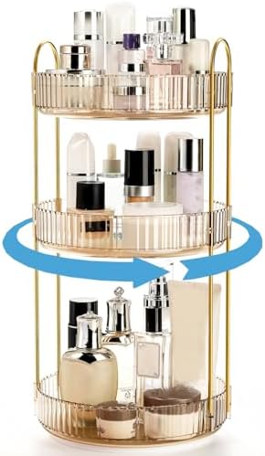 360 Rotating Makeup Organizer, 3 Tiers Plastic Bathroom Spinning Holder Rack, Round Lazy Susan Organizer, Large Capacity Countertop Shelf for Cosmetics, Perfume, Skincare, Spice, Toiletries