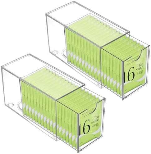 2 Pack Tea Bag Drawers Organizer - Clear Plastic Drawer Tea Bag Holder; Stackable & Portable, Wider Size, Well-Organized Storage for Tea Bags & Kitchen Essentials