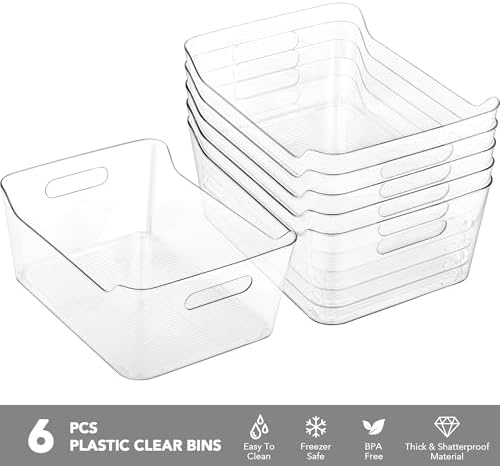6 Pack Plastic Storage Bins, Extra Large Pantry Organizer, 13.5" x 10" Clear Storage Containers and Organizer Bins, Multi-Use Bins for Home, Kitchen, Closet and Cabinet