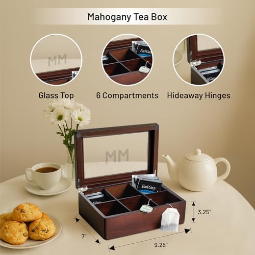Custom Engraved Mahogany Tea Storage Chest with Glass Lid – 6-Compartment Box for Tea Bags & Accessories