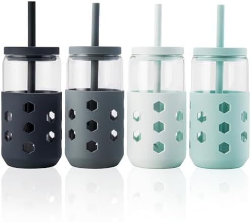 16 oz Glass Cups with Lids and Straws for Gift, 4-Pack, Grey